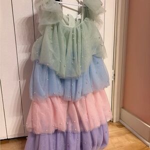 Girls' Pastel Tiered Tulle Dress with Pearls